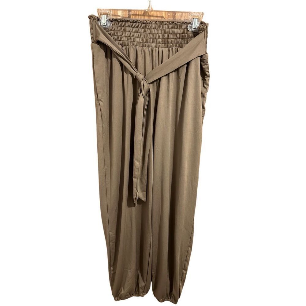 Tarse Slip On Tan Activewear Leisure Tie Pants Women’s Size M Designer Johnny NW